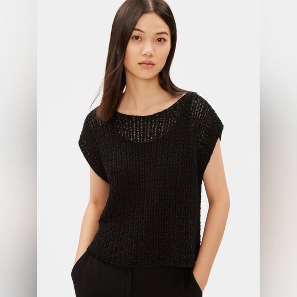 Eileen Fisher Black Organic Cotton Bateau Neck Oversized Knit Vest S - Picture 3 of 17
